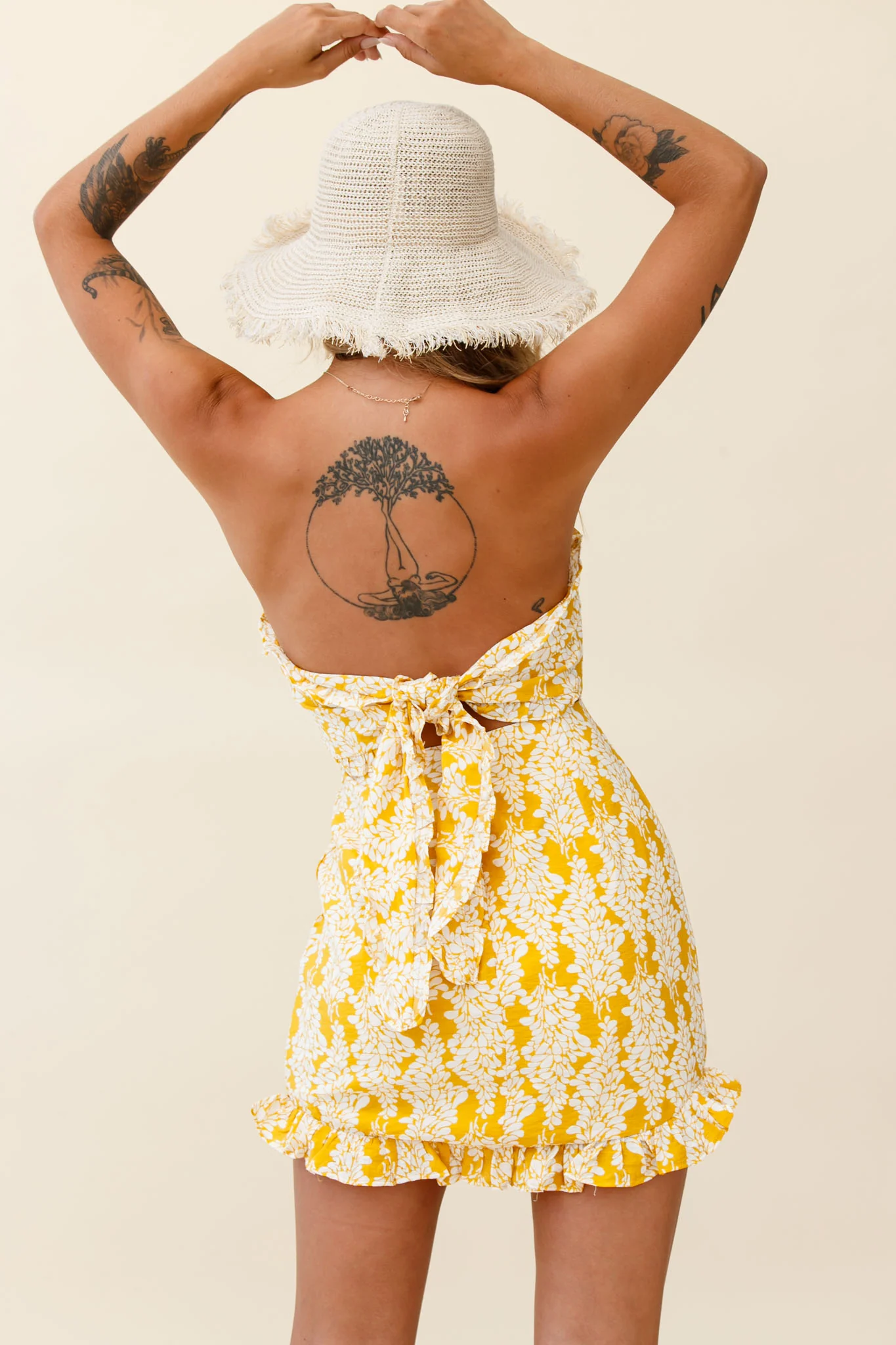 Dollface Bandeau Ruffle Detail Mini Dress Leaf Print Yellow