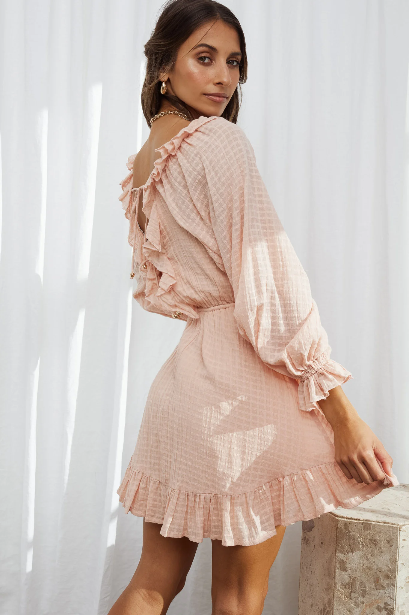 Hooked On A Feeling Long Sleeve String Tie Back Mini Dress Peach