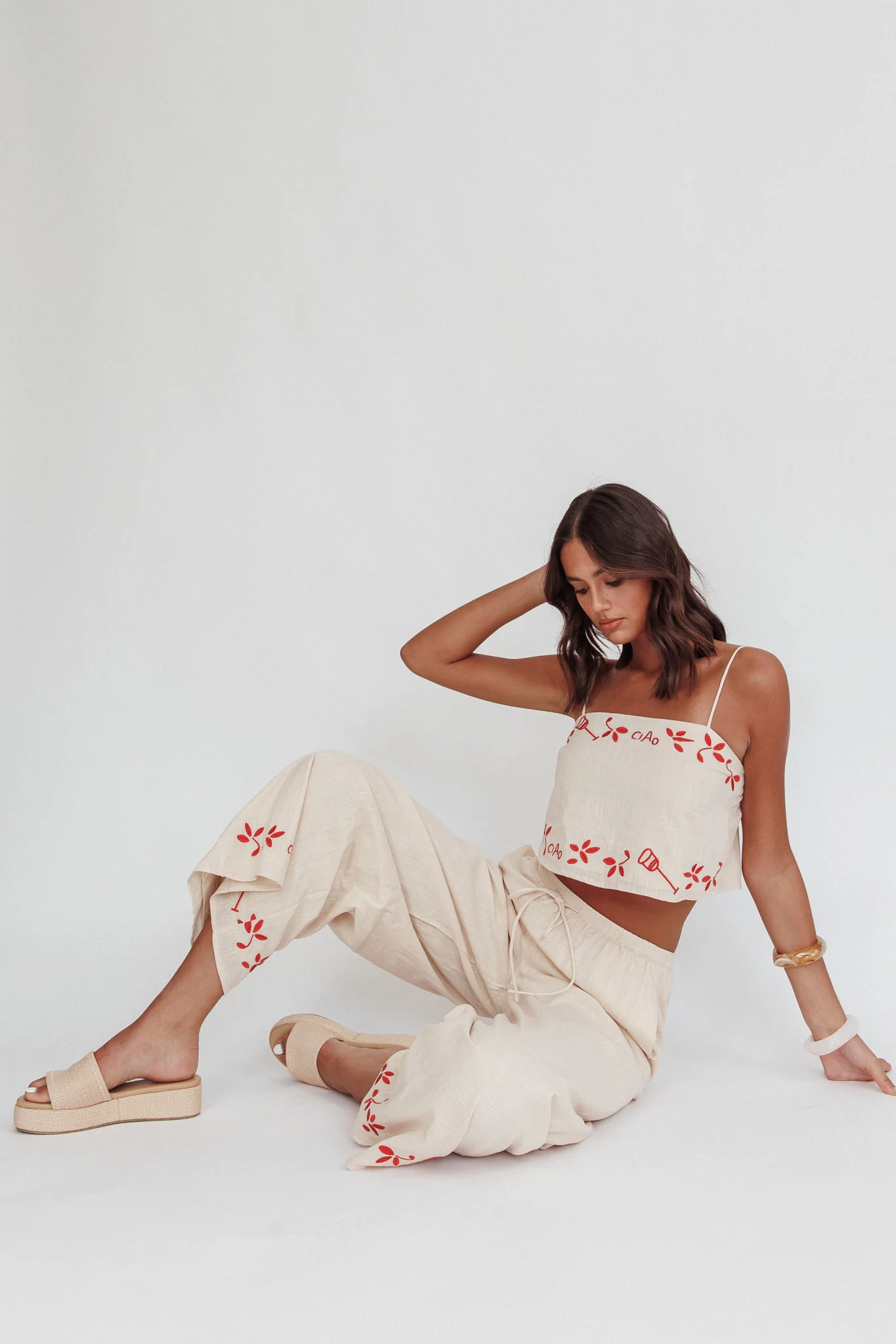 Sorrento Summer Embroidered Wide-Leg Pants Oat