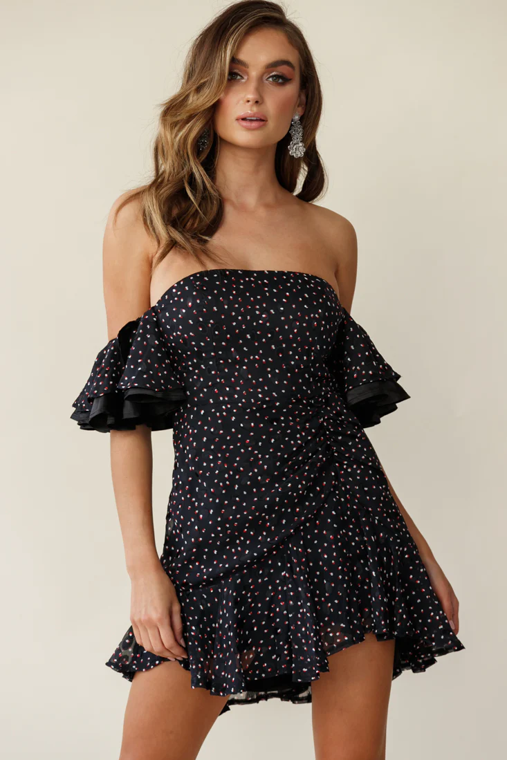 Lure Off-Shoulder Ruched Dress Speckle Print Black