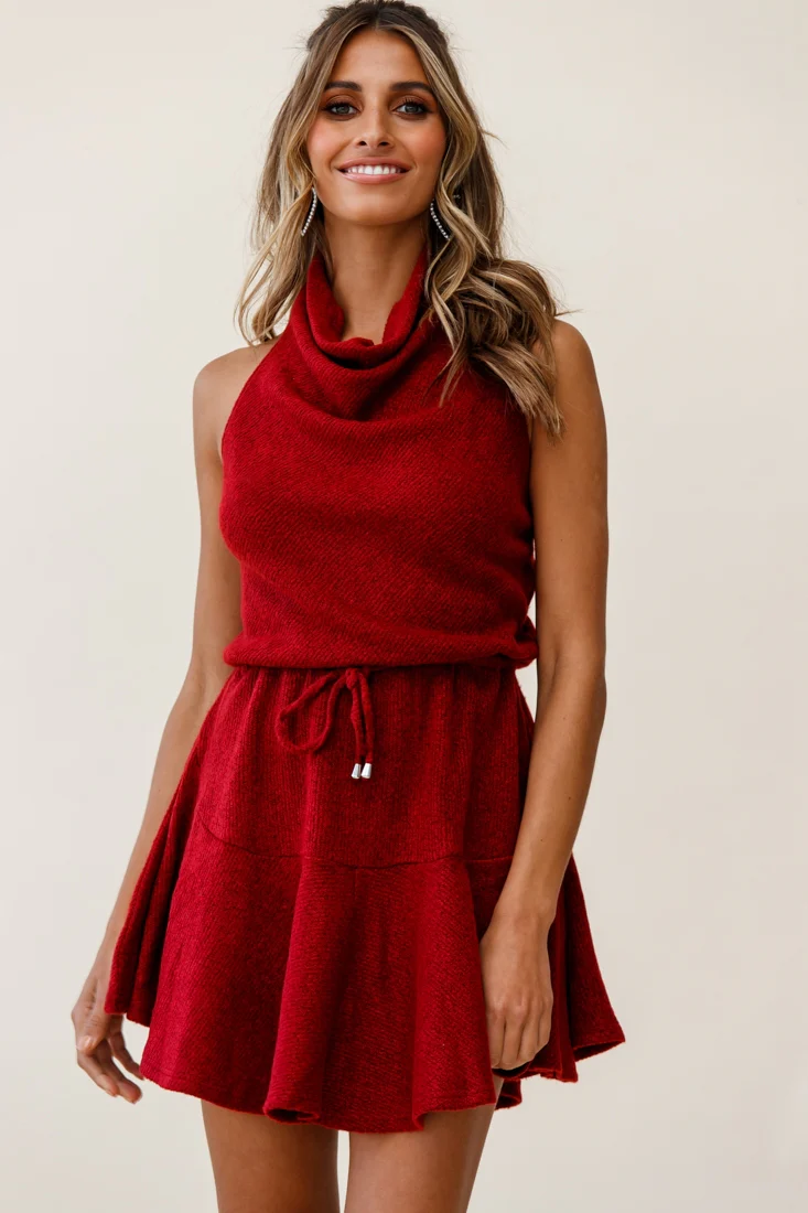 Cosette Cowl Halterneck Knit Dress Wine