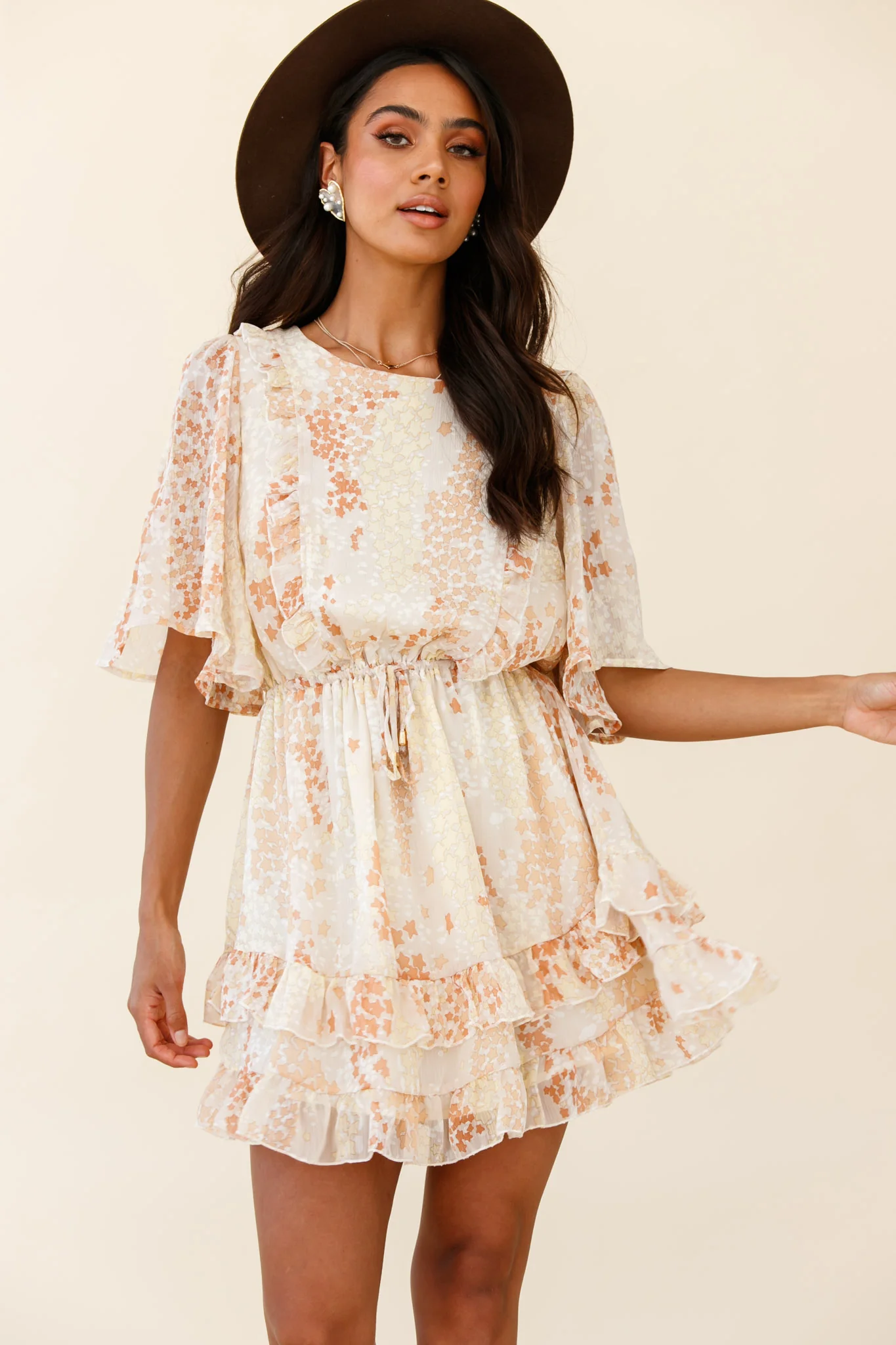 Stars Aligned Angel Sleeve Drawstring Waist Dress Star Print Orange