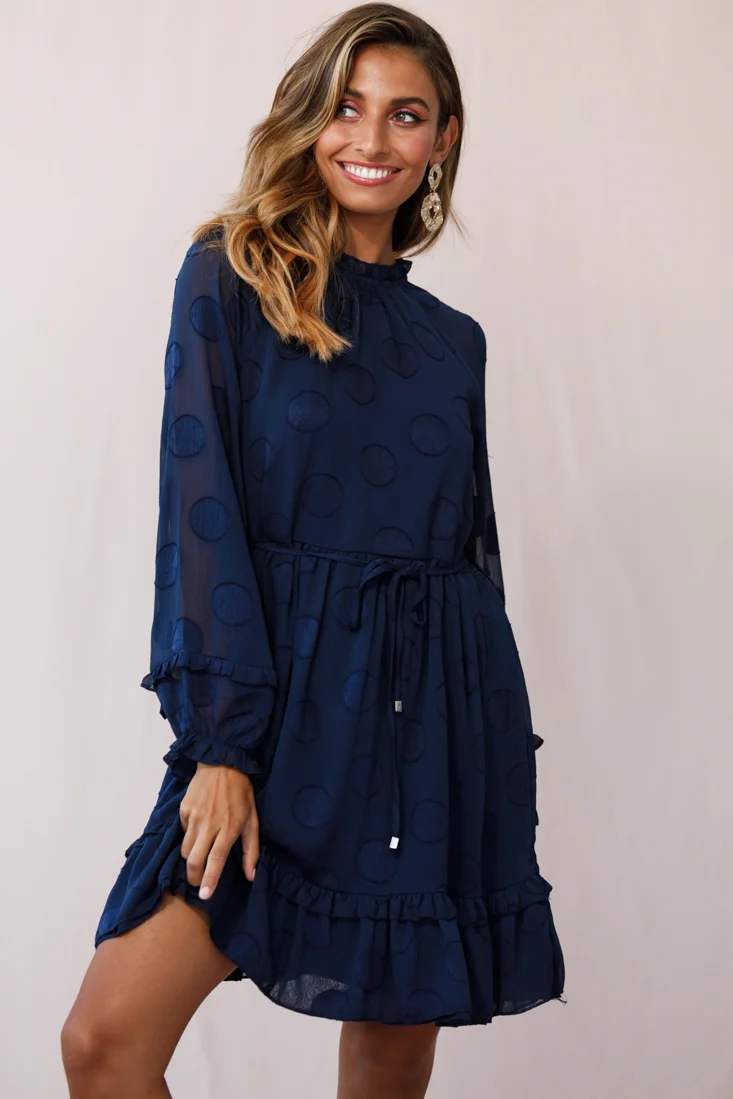 Tracee High Neckline Sheer Sleeve Polka Dot Dress Navy
