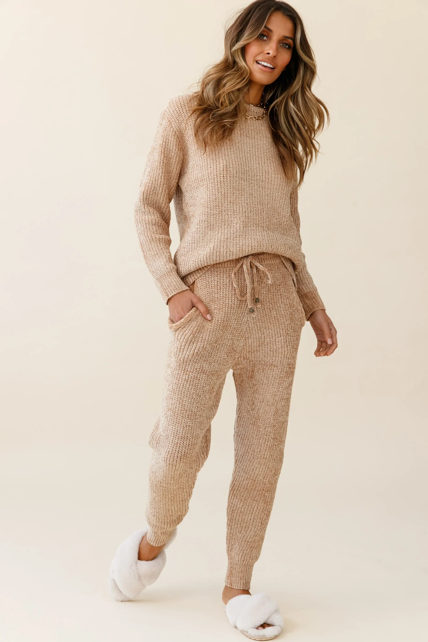 Robin Long Sleeve Ribbed Knit Sweater Tan