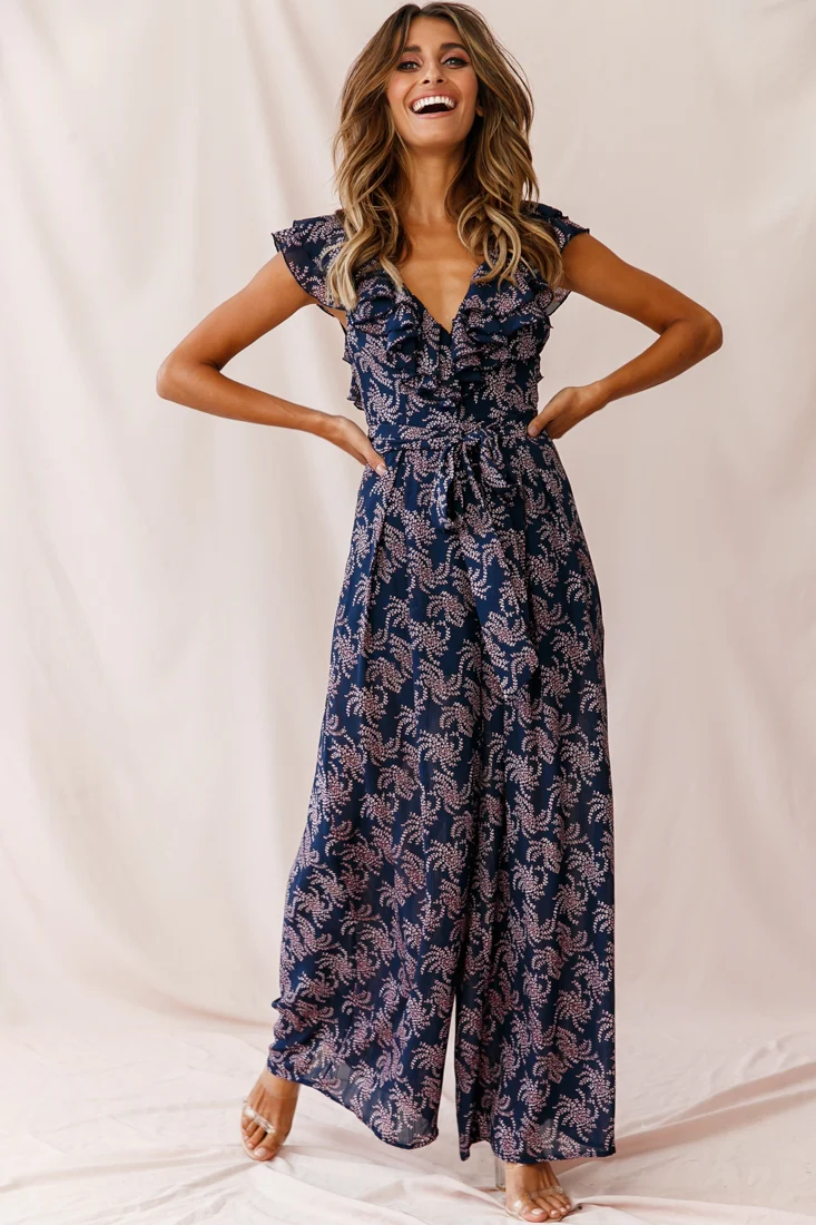 Marcia Ruffle Strap Wide Leg Jumpsuit Floral Print Navy/Pink