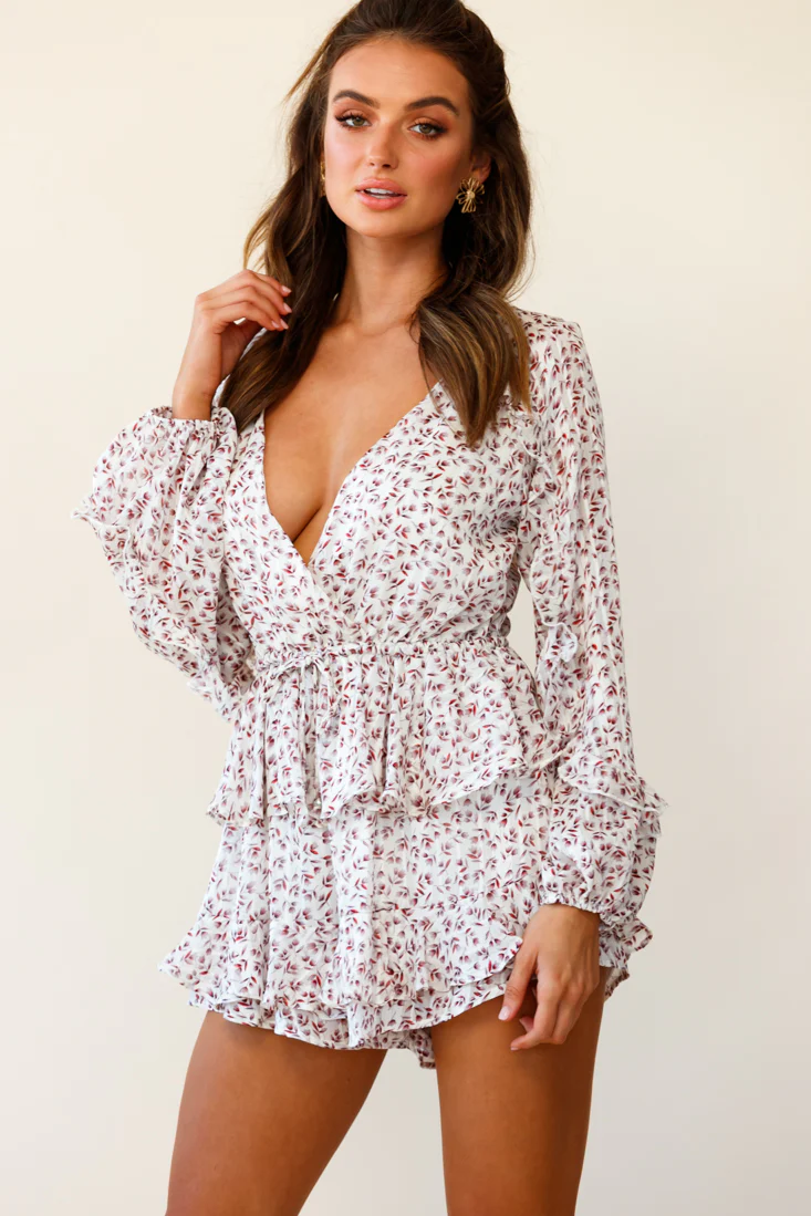 Nebula Long Sleeve Layered Ruffle Romper Flower Print White