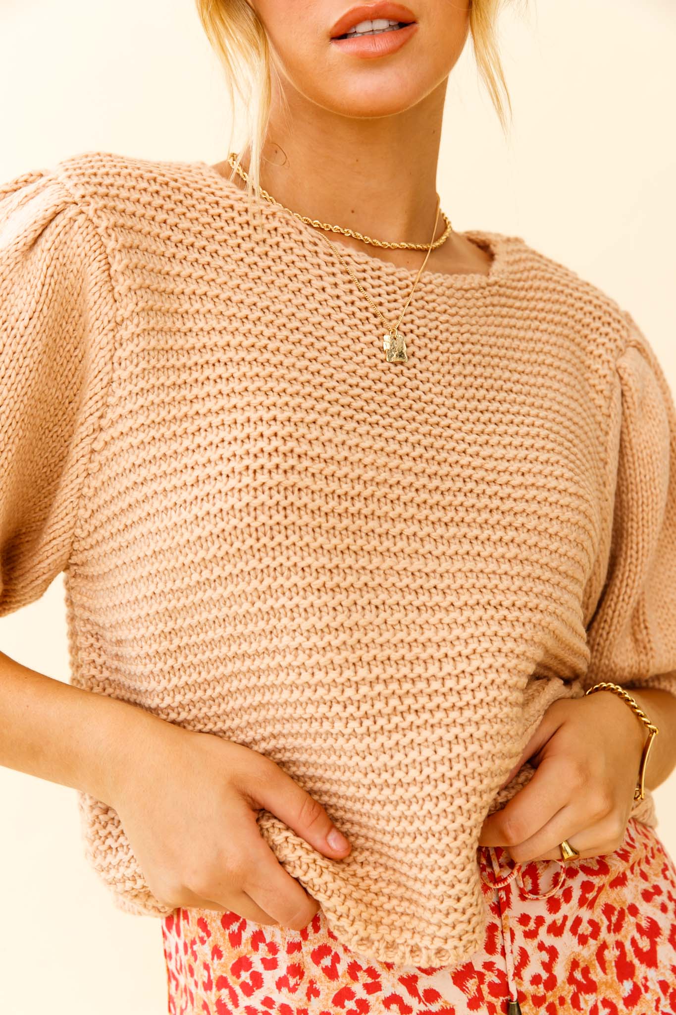 Marla Puff Sleeve Chunky Knit Top Beige