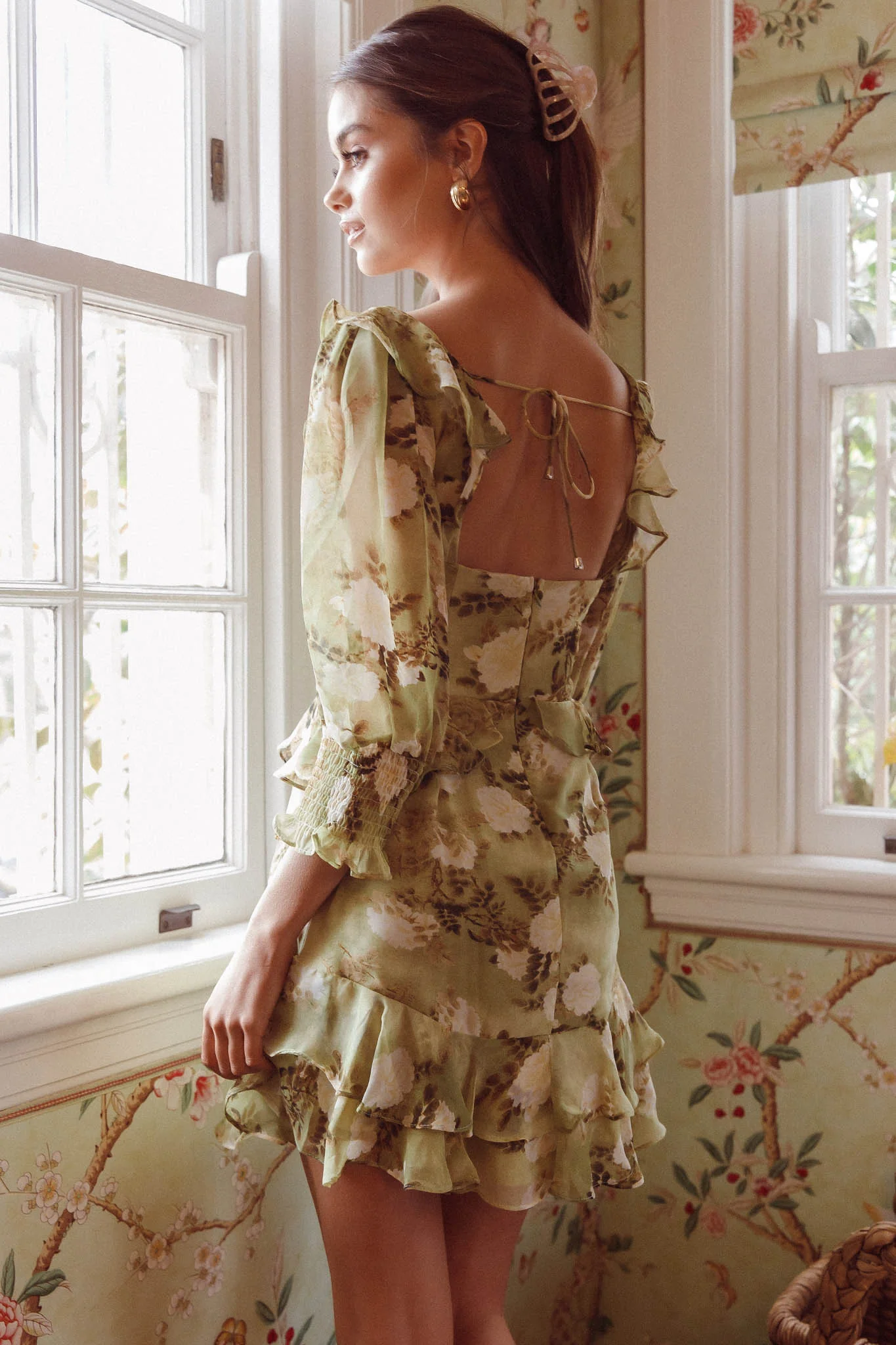 Desiree 3/4 Sleeve Sweetheart Neckline Frill Dress Floral Green