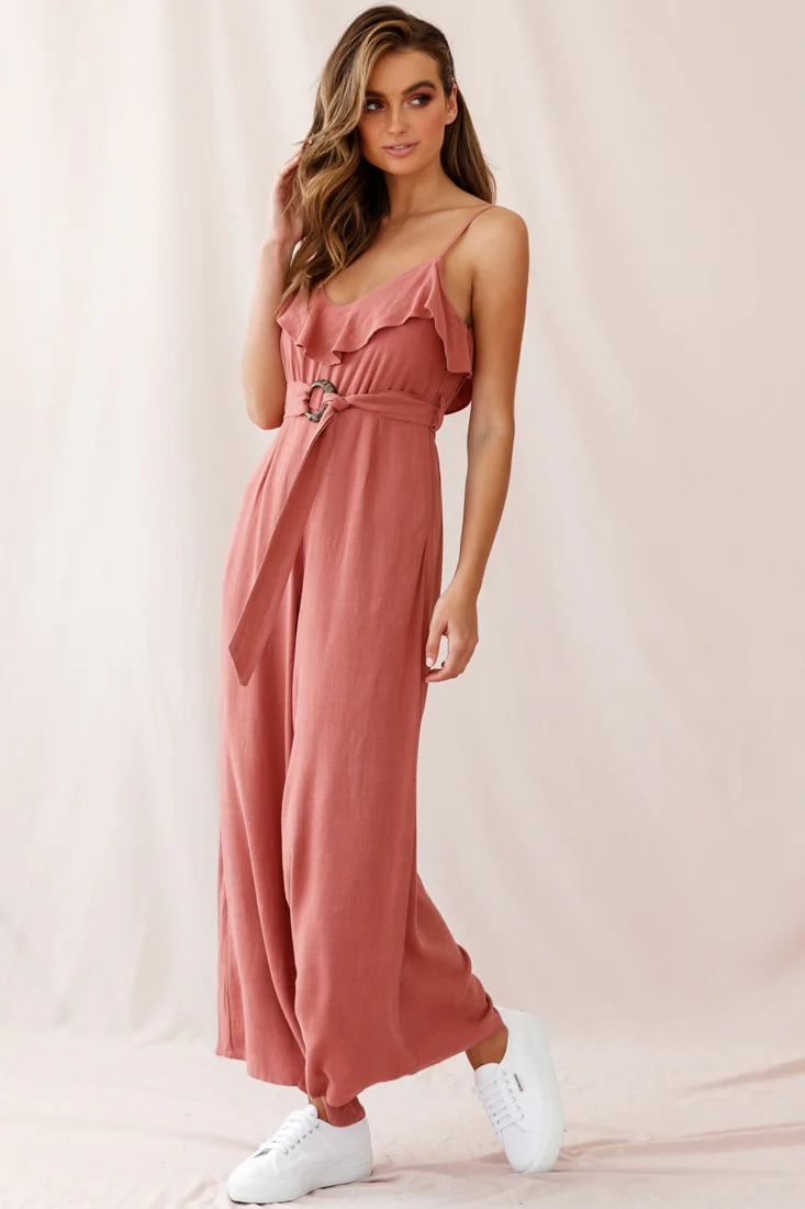 Mason Ruffle Neckline Wooden Buckle Belt Jumpsuit Rose