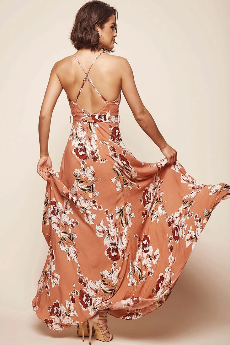 Calabasas Floral Waist Tie Maxi Dress Rose