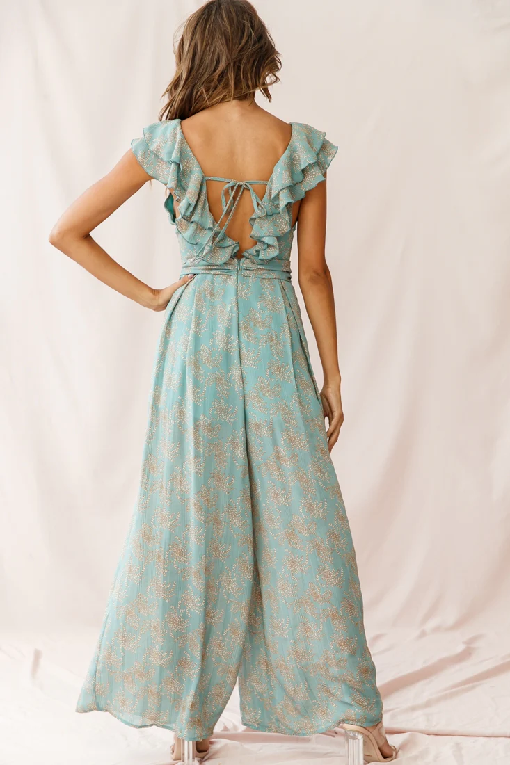 Marcia Ruffle Strap Wide Leg Jumpsuit Floral Print Sage