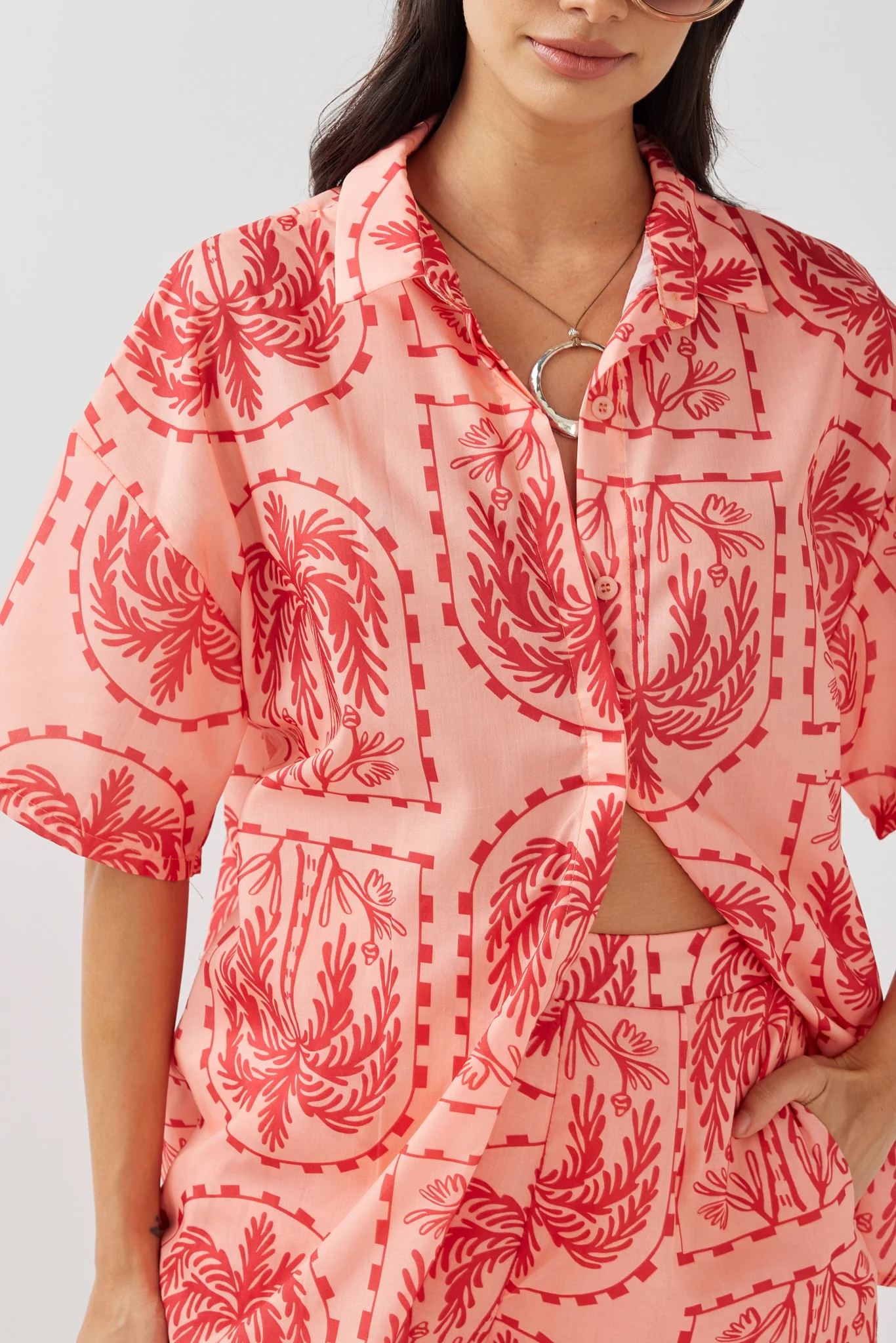 Cora Button-Up Shirt Print Red Salmon