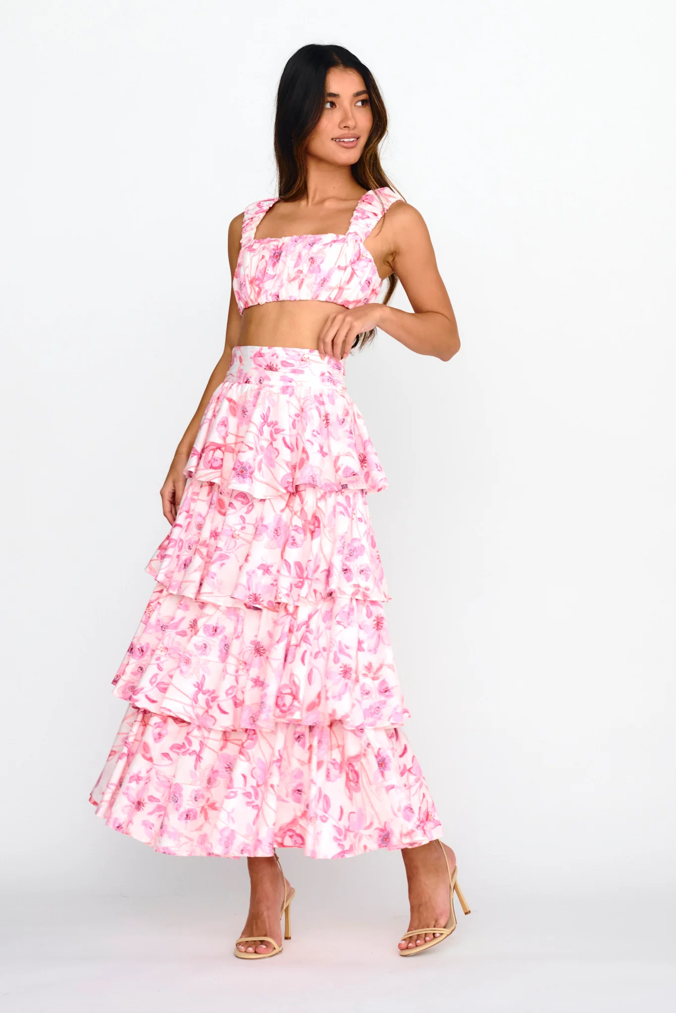 Suenito Tiered Frill Maxi Skirt Floral Pink