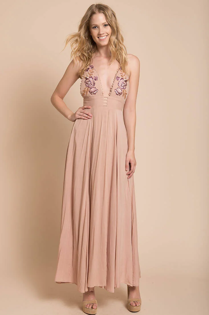 Summer Wedding Embroidered Floral Maxi Dress Mocha