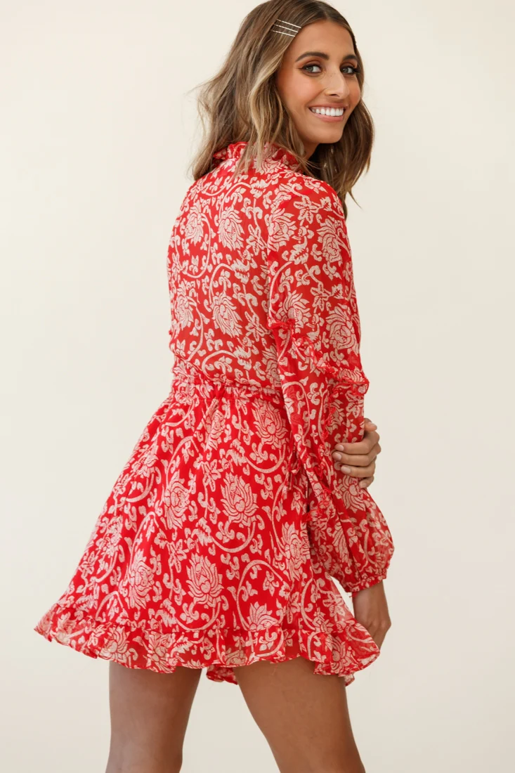 Lima Long Sleeve Drawstring Waist Frill Dress Floral Print Red