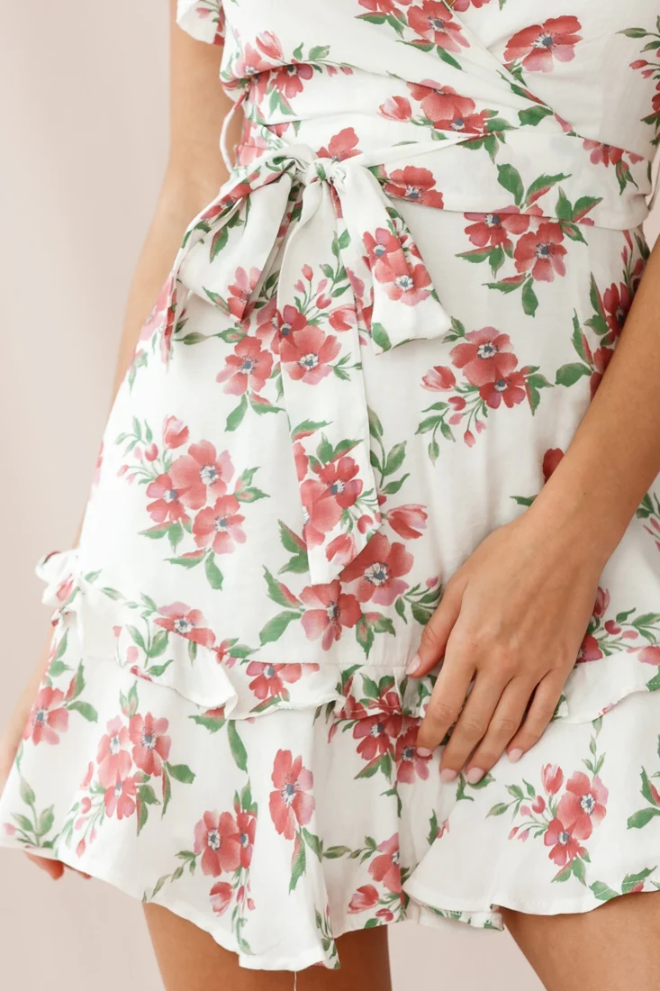 Love Letter Ruffle Sleeve Waist Tie Dress Floral Print White