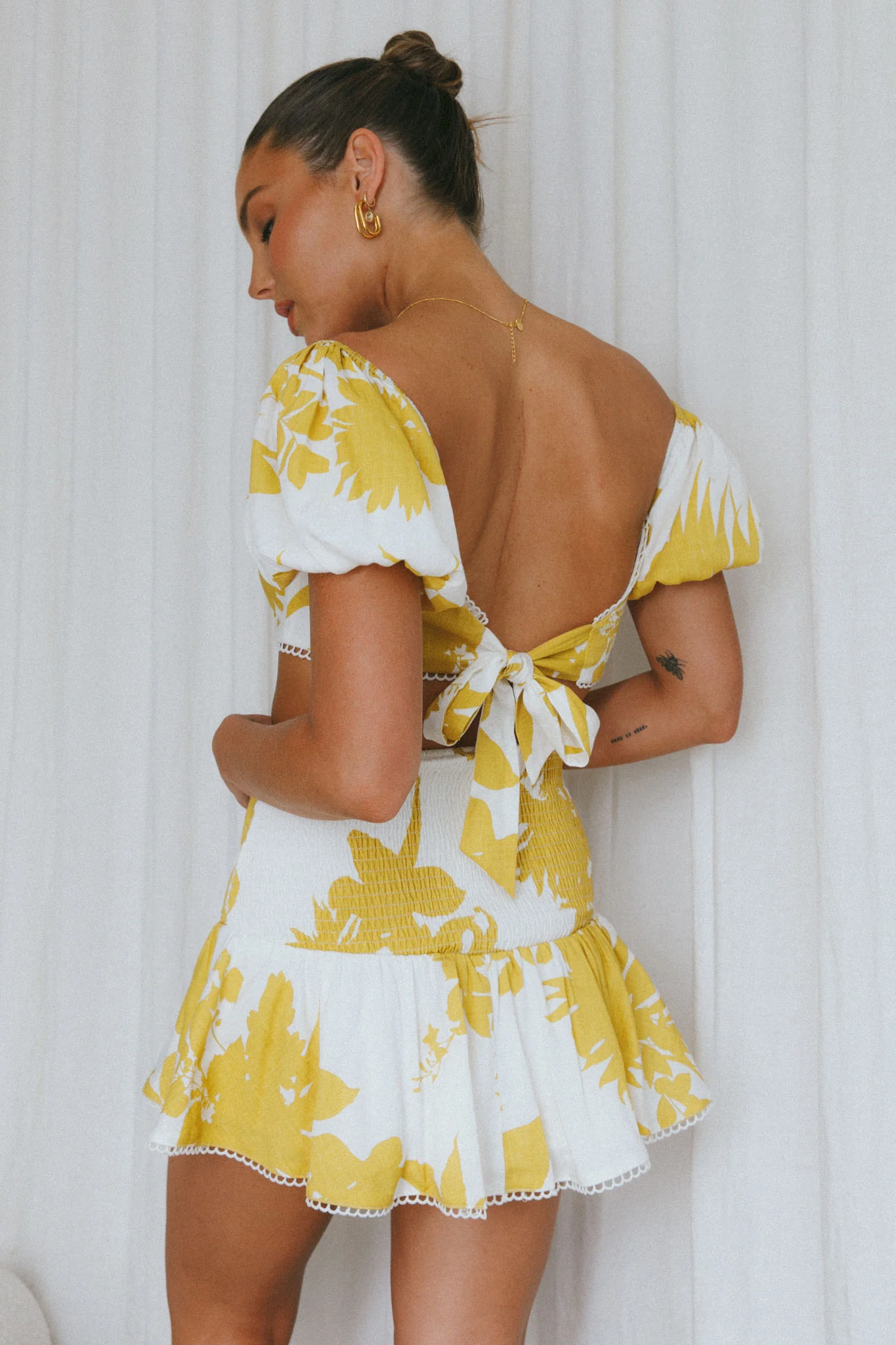 Escape With Me Shirred Mini Skirt Printed Mustard