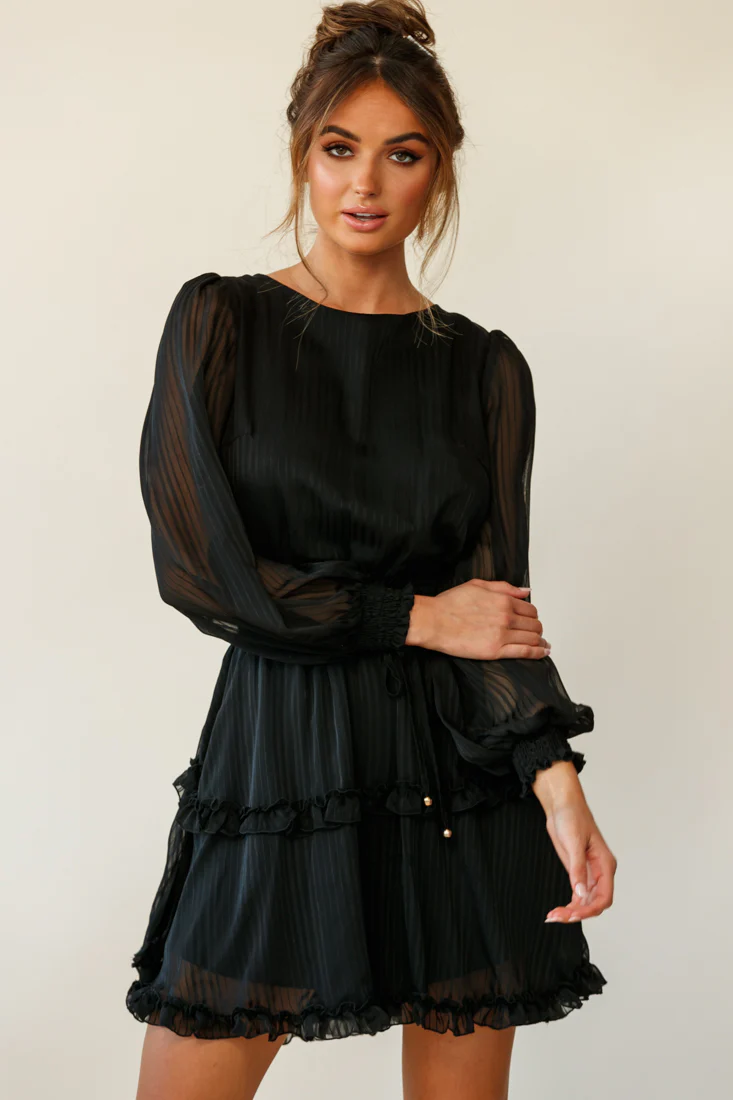 Mildred Long Sleeve Shirred Waist Frill Dress Black