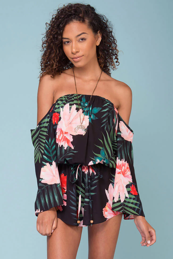 Alyssa Floral Off The Shoulder Romper Black