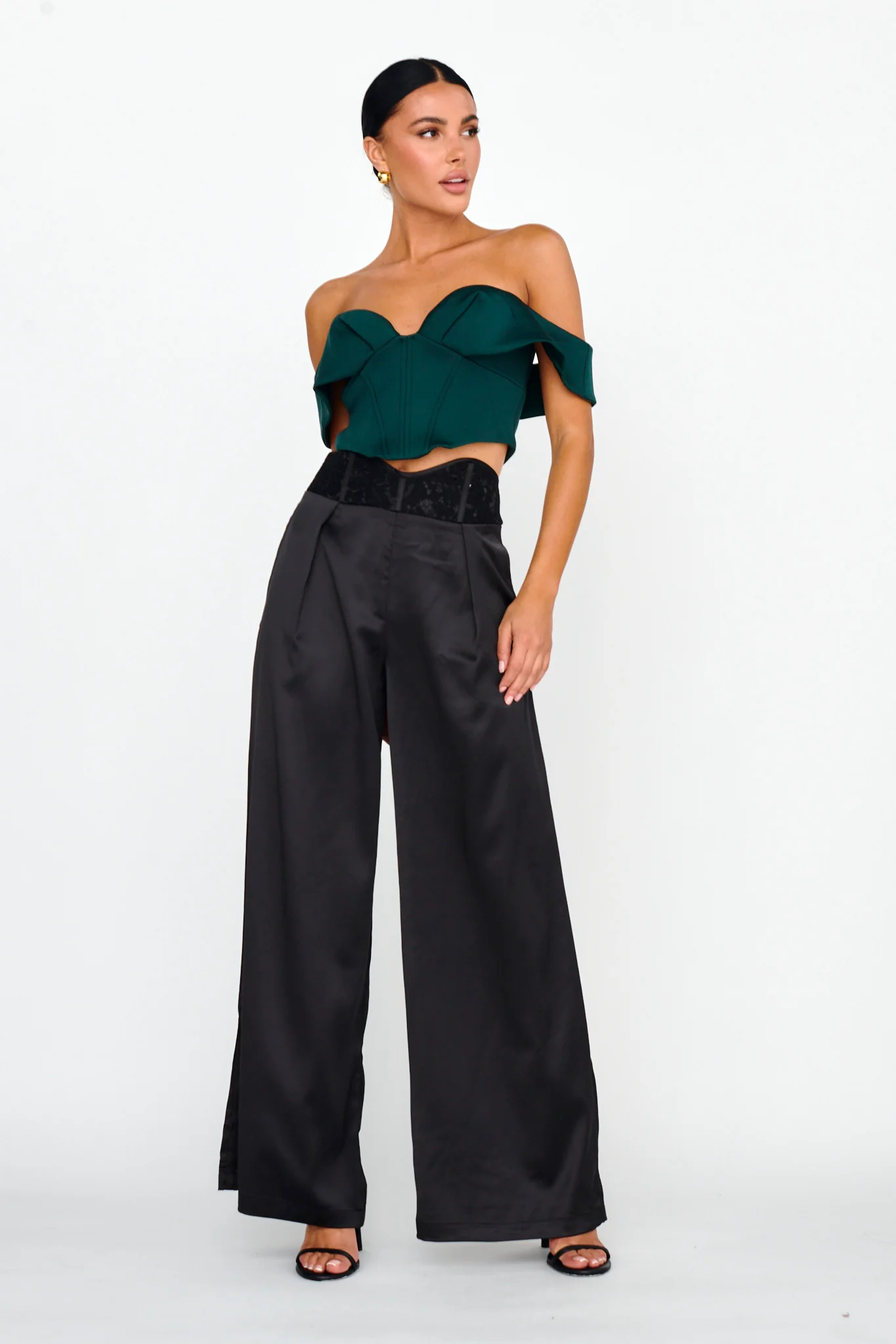 Lucky Stars Curved Waist Lace Trim Pants Black