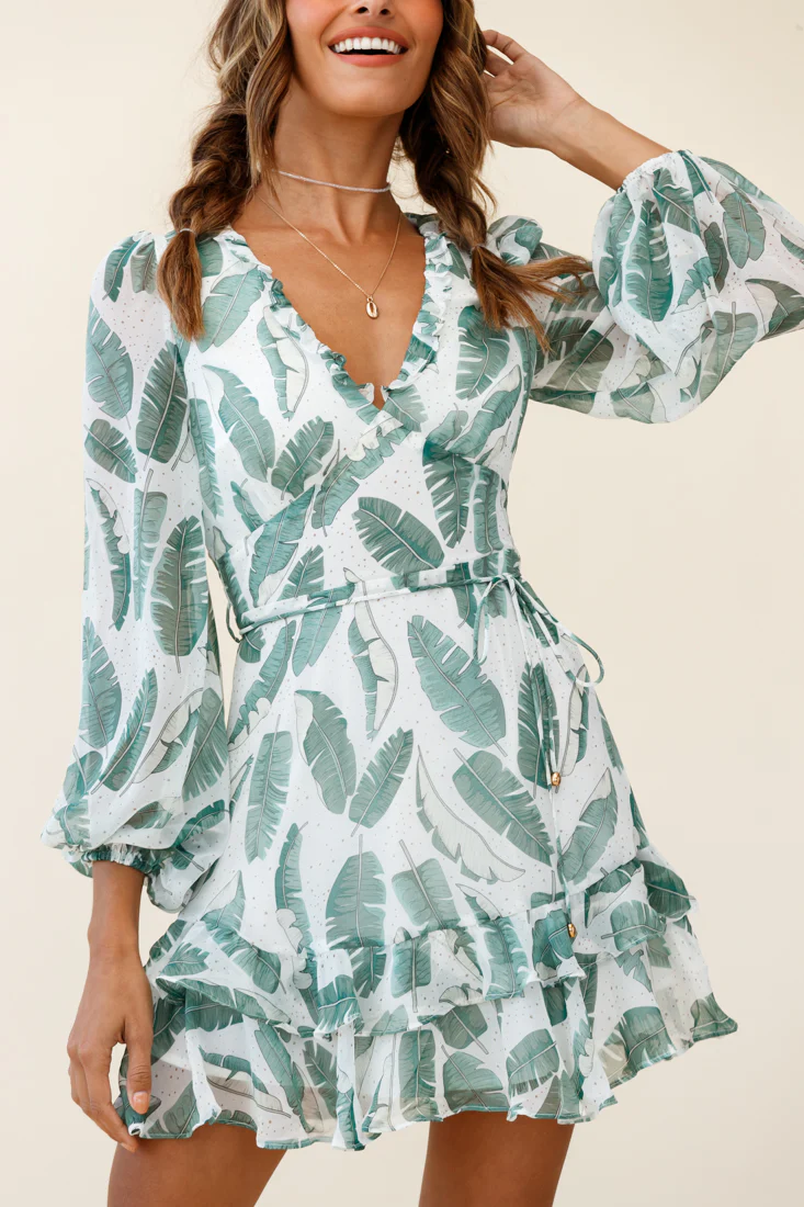 Tozzi Long Balloon Sleeve V-Neckline Dress Feather Print White