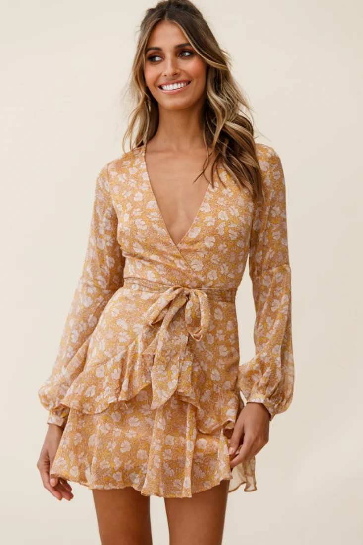 Kerry Layered Balloon Sleeve Dress Floral Print Mustard