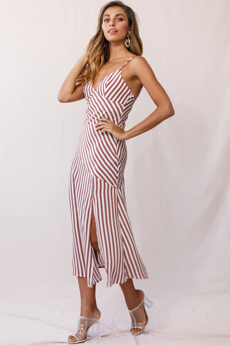 Downtown Cami Strap Front Split Midi Dress Stripe Print Rose