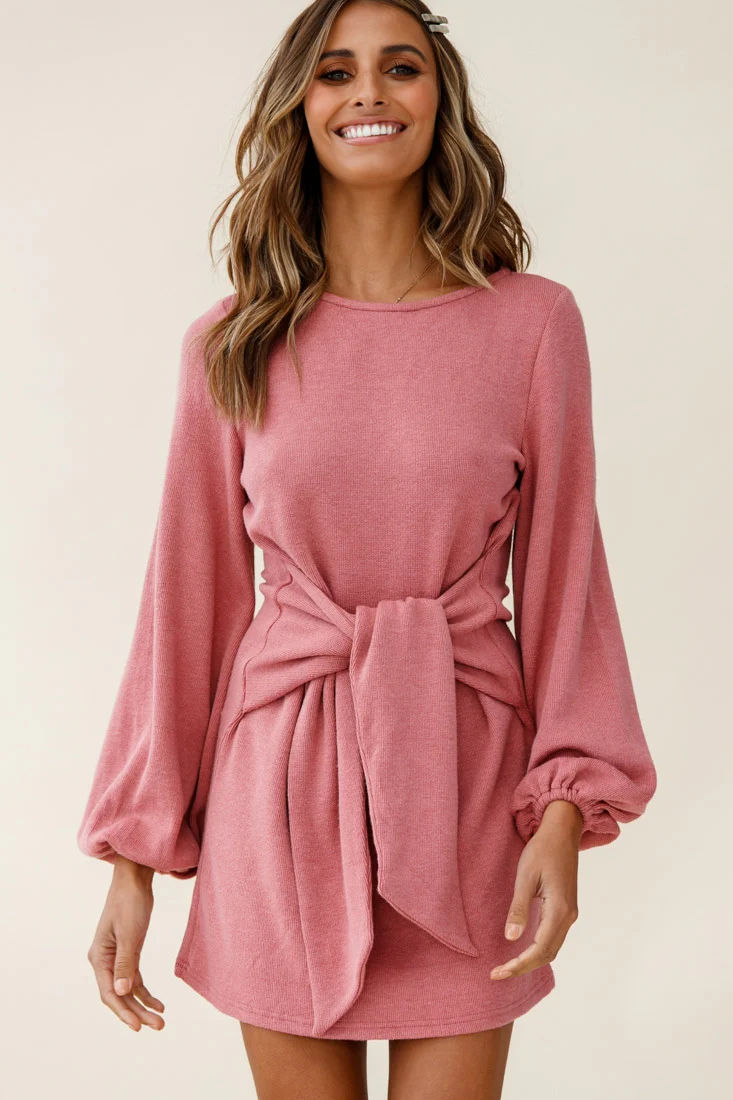 Rapt Waist Tie Knit Dress Rose