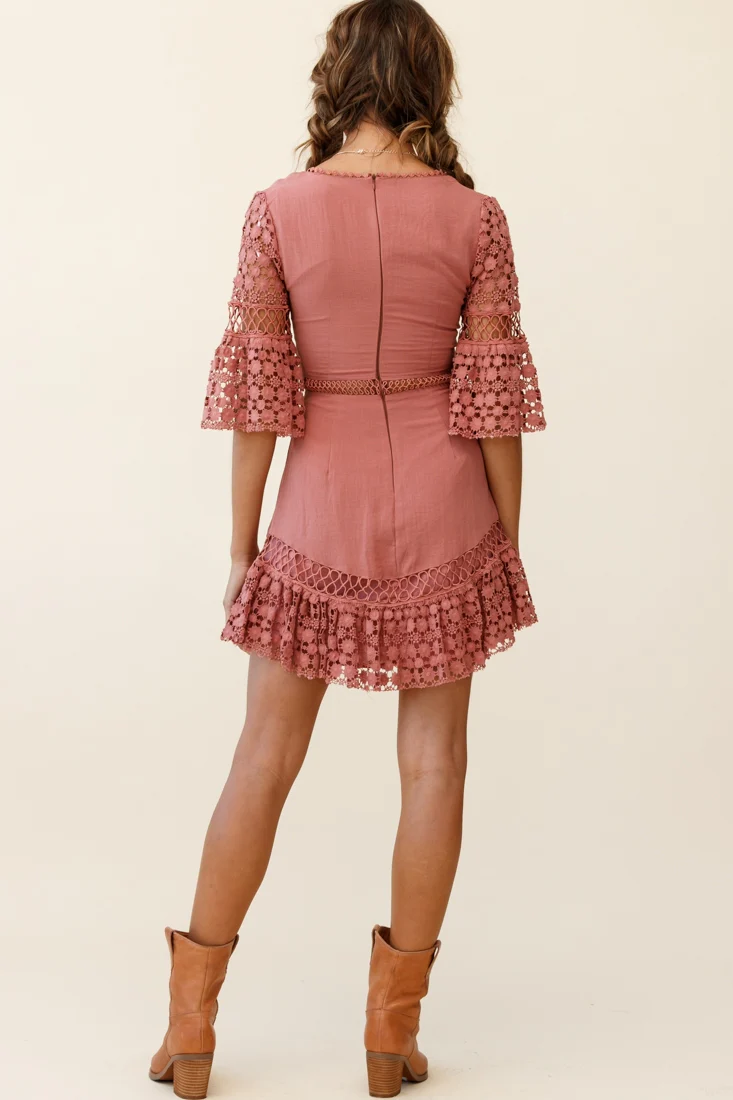 Believe It Crochet Detail Fluted Hem Dress Rose