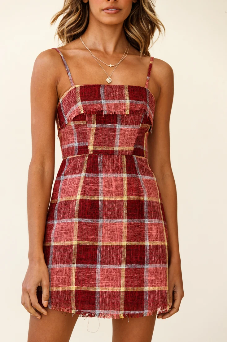 Little Miss Plaid Raw Hem Mini Dress Burgundy Multi