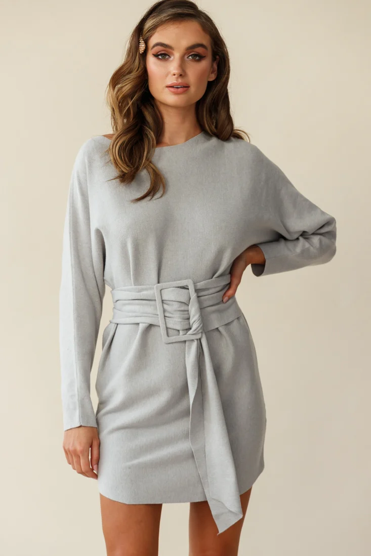 Lorelei Long Sleeve Wide Belt Knit Dress Grey