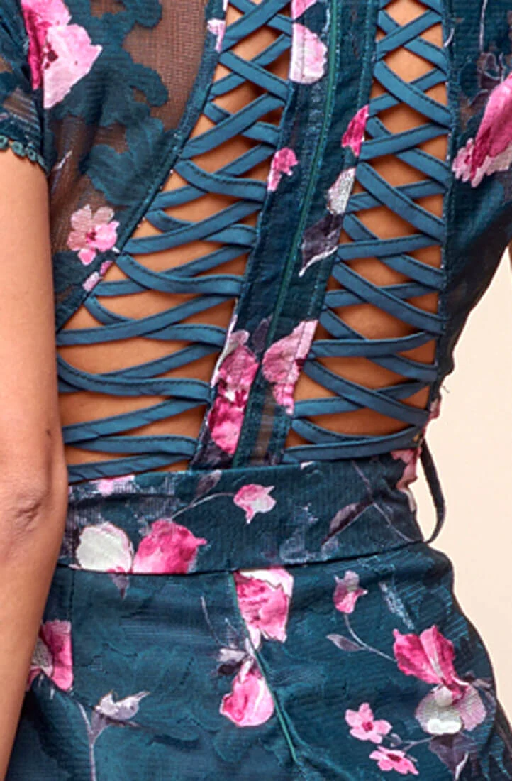 Dawson Floral Lace Back Romper Forest Green