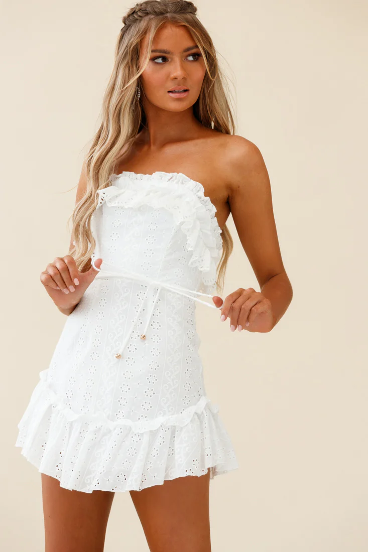 Running Through Your Mind Eyelet Embroidery Bandeau Dress White