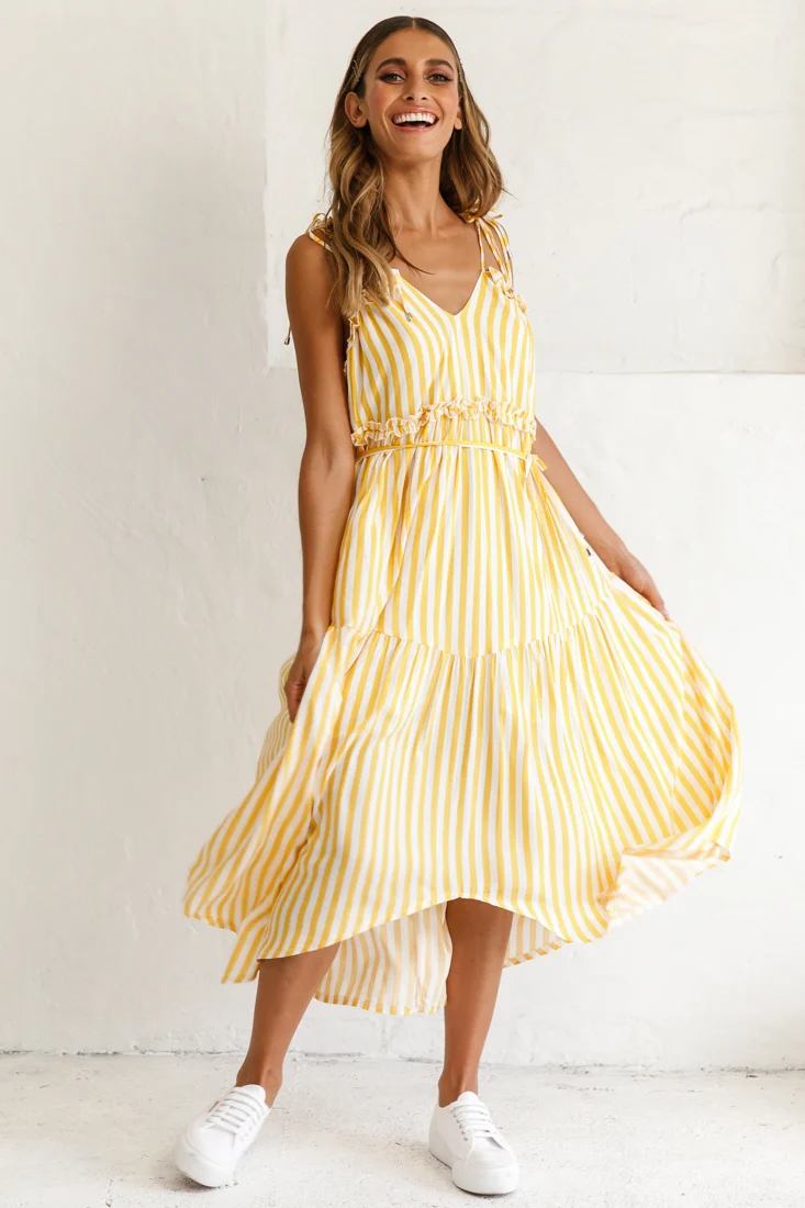 Santa Monica String Tie Maxi Dress Stripe Print Mustard