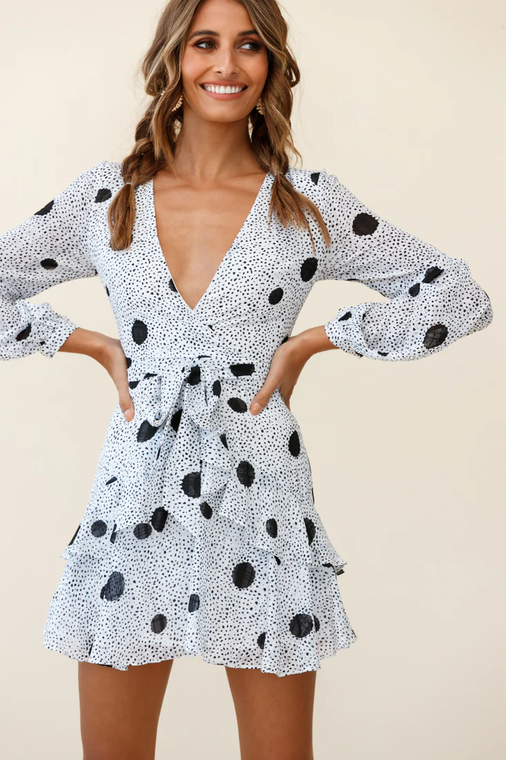 Kerry Layered Balloon Sleeve Dress Black Spot Print White