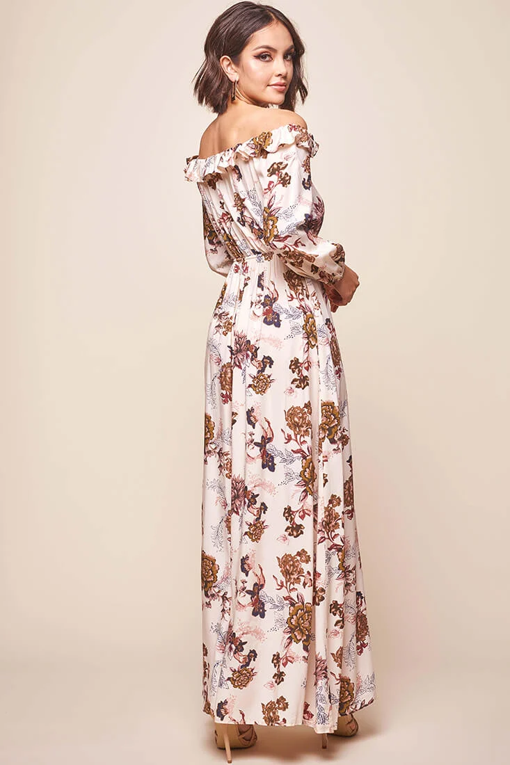 Tatiana Bardot Frill Neckline Maxi Dress Mocha