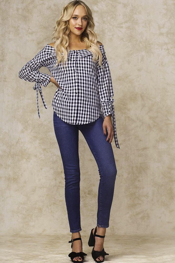 Clarke Off the Shoulder Checkered Dress Shirt Navy