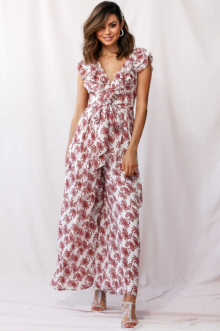 Marcia Ruffle Strap Wide Leg Jumpsuit Floral Print Beige