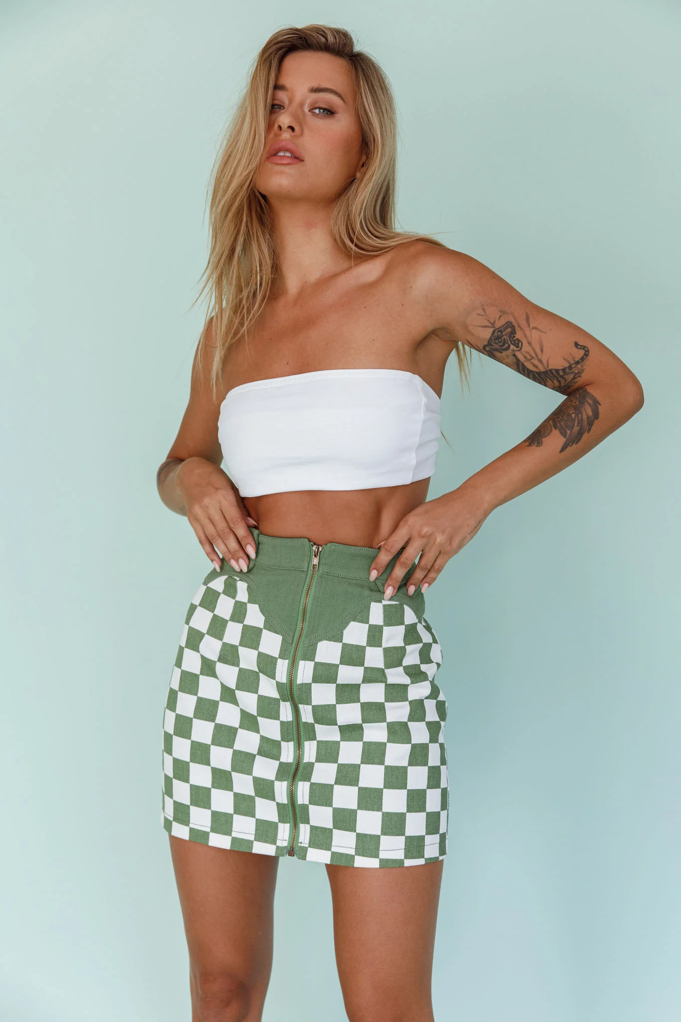 Rewind Zipper Front Mini Skirt Checkered Green