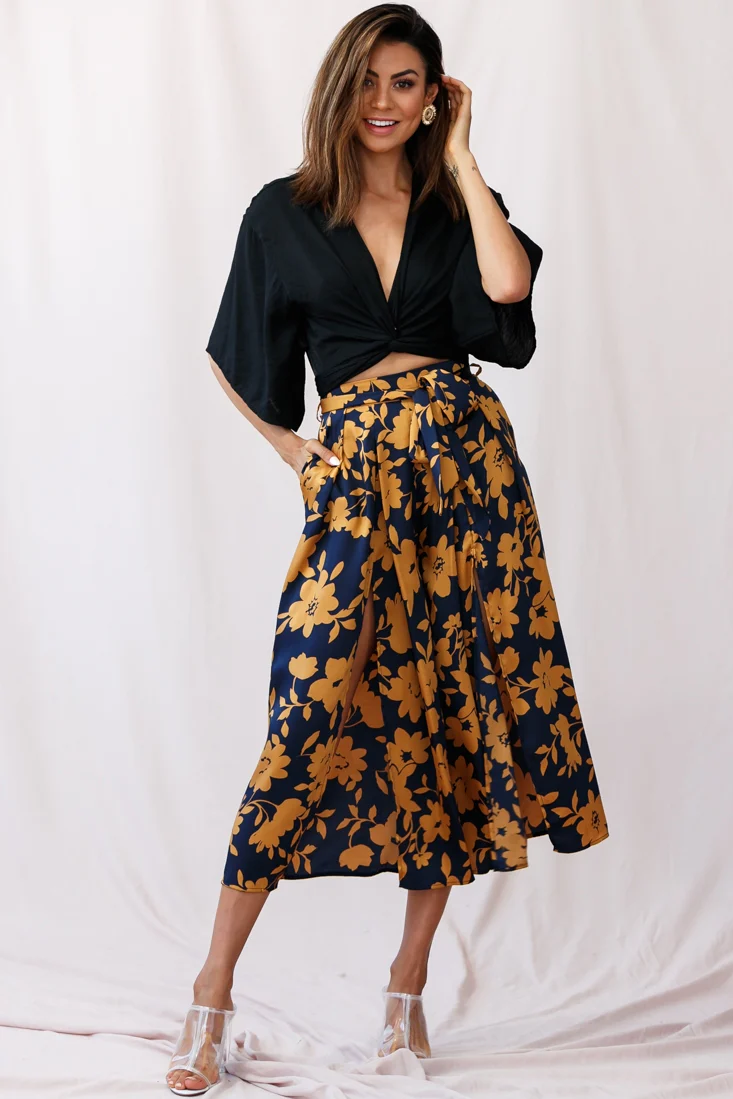 Danika Front Split Midi Culotte Pants Navy/Mustard