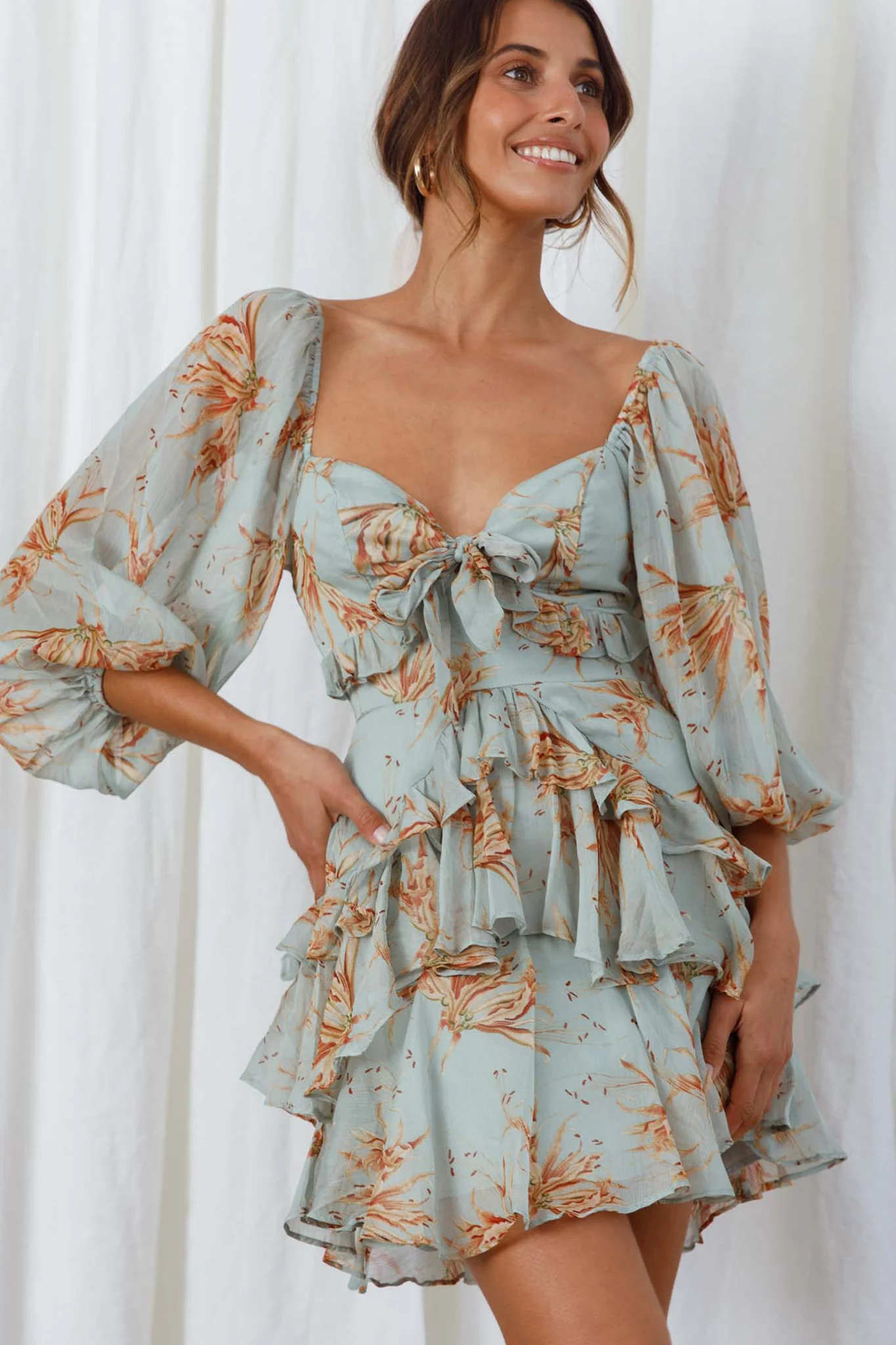 Flower Child Three Quarter Sleeve Bust Tie Ruffle Dress Lily Print Pistachio