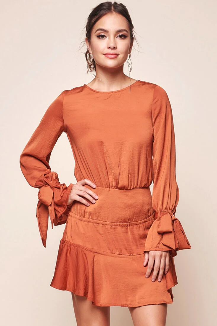 Amira Open Back Wrist Tie Fit and Flare Dress Copper