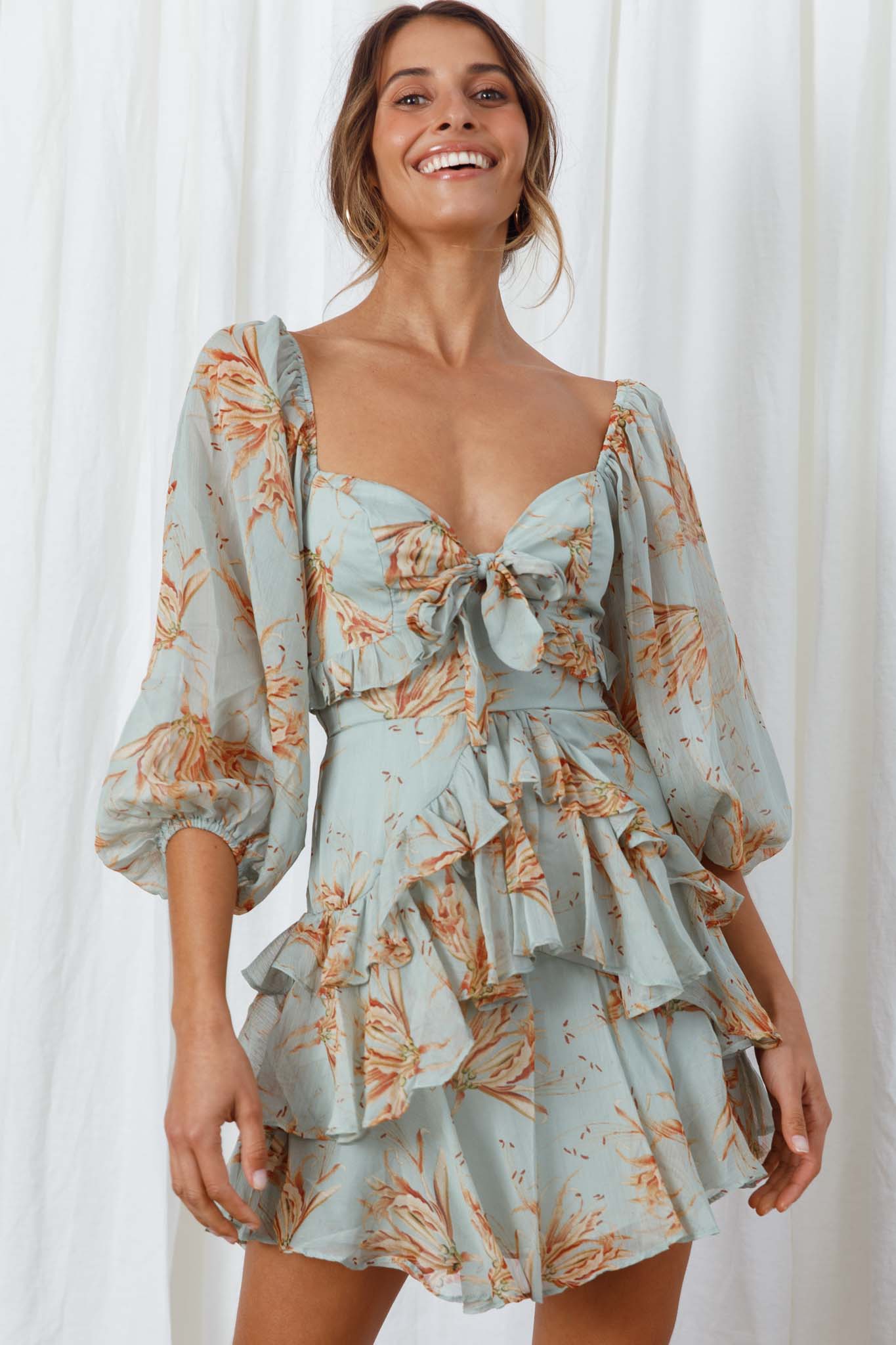 Flower Child Three Quarter Sleeve Bust Tie Ruffle Dress Lily Print Pistachio