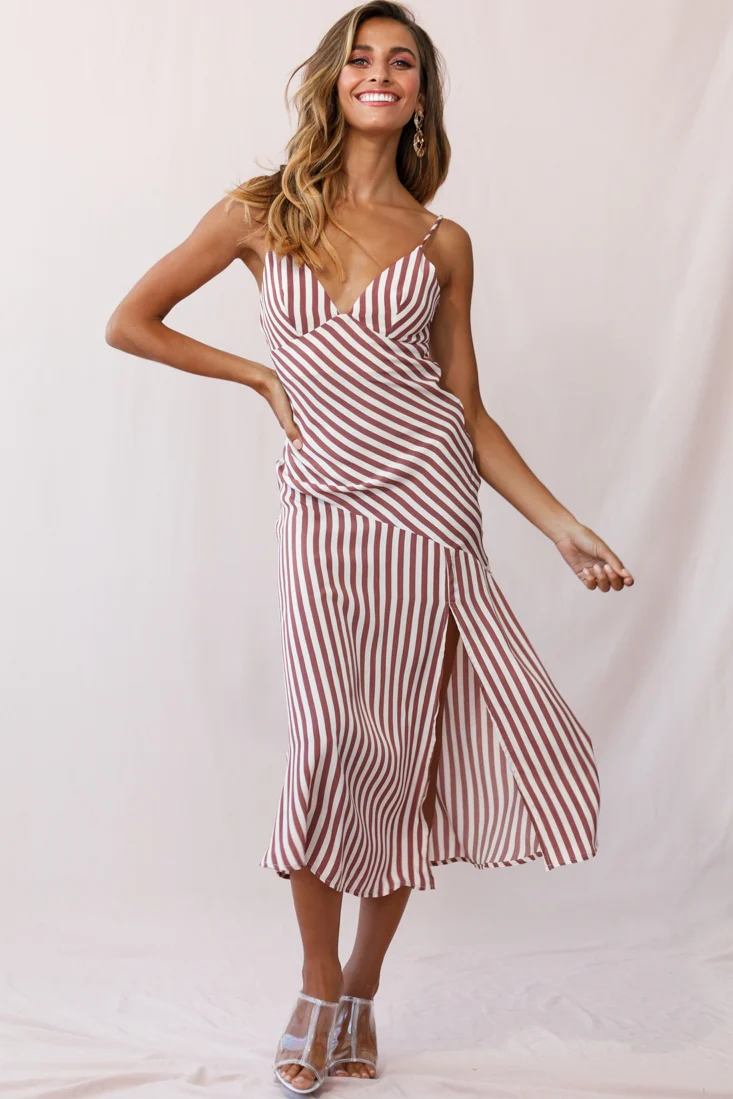 Downtown Cami Strap Front Split Midi Dress Stripe Print Rose