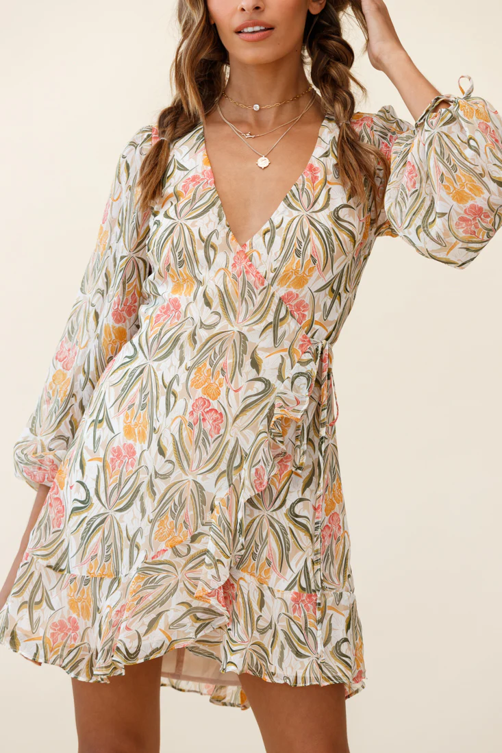 Hartley Balloon Sleeve Wrap Dress Floral Print Green