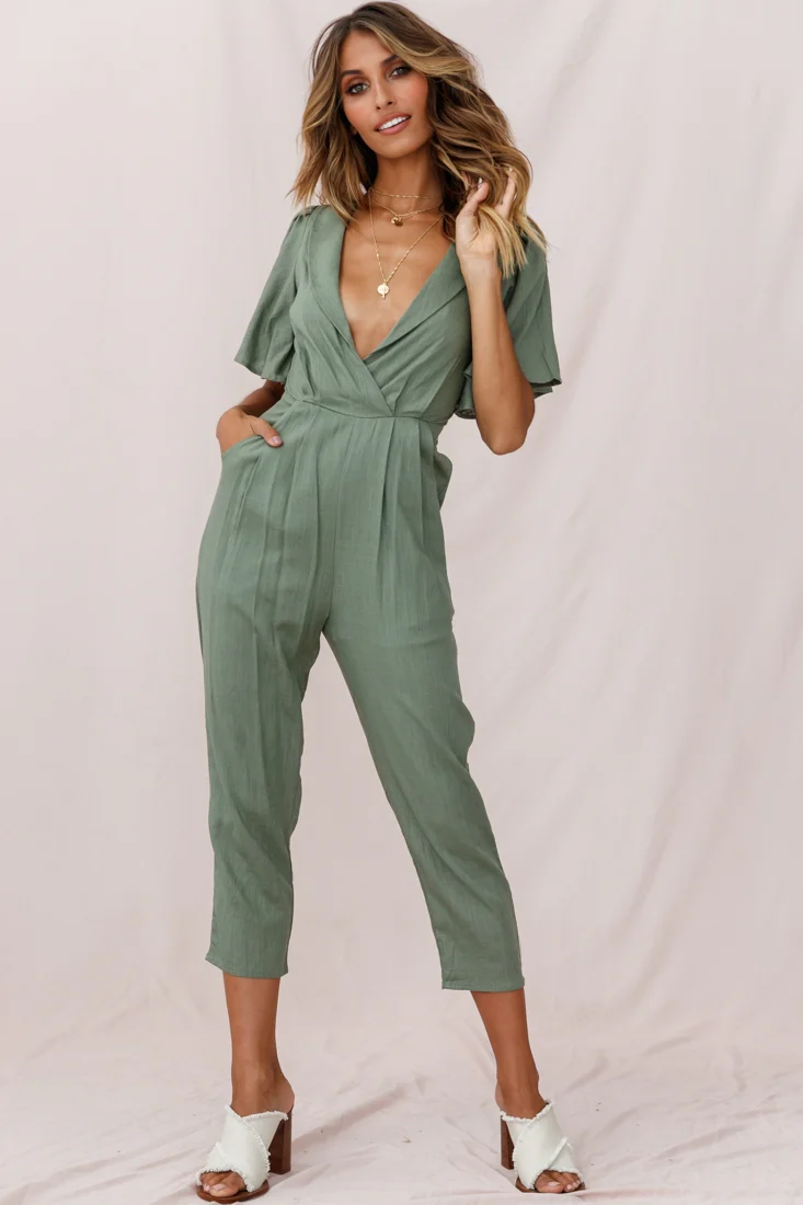 Dana Straight Leg Collared Neck Jumpsuit Olive