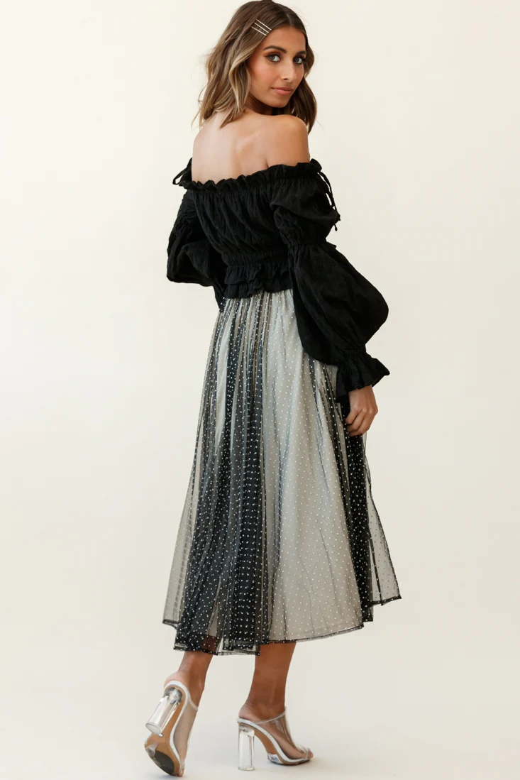 Jasmine Hail Spot Mesh Midi Skirt Black