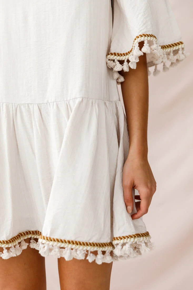 Donna Dropped Waist Tassel Dress Beige