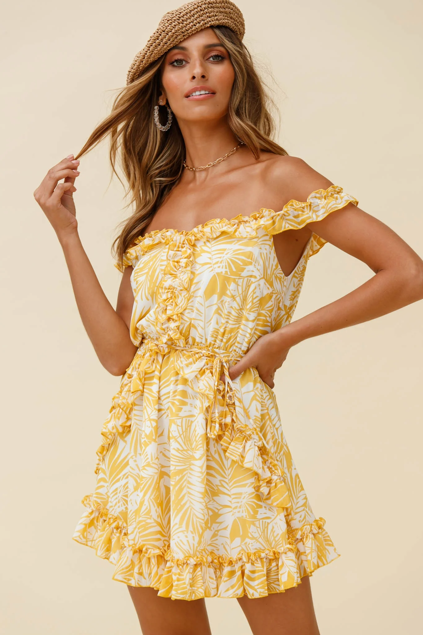 Sail Away Off-Shoulder Frill Accent Dress Tropical Print Yellow
