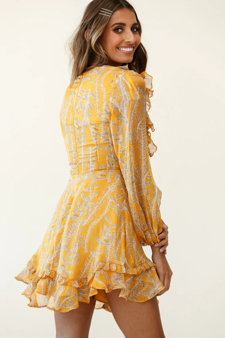 Odette Long Sleeve String Tie Neckline Vine Print Dress Mustard